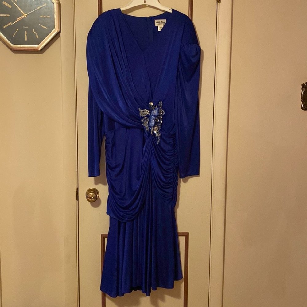 Blue Ruched Dress With Sequin Flower